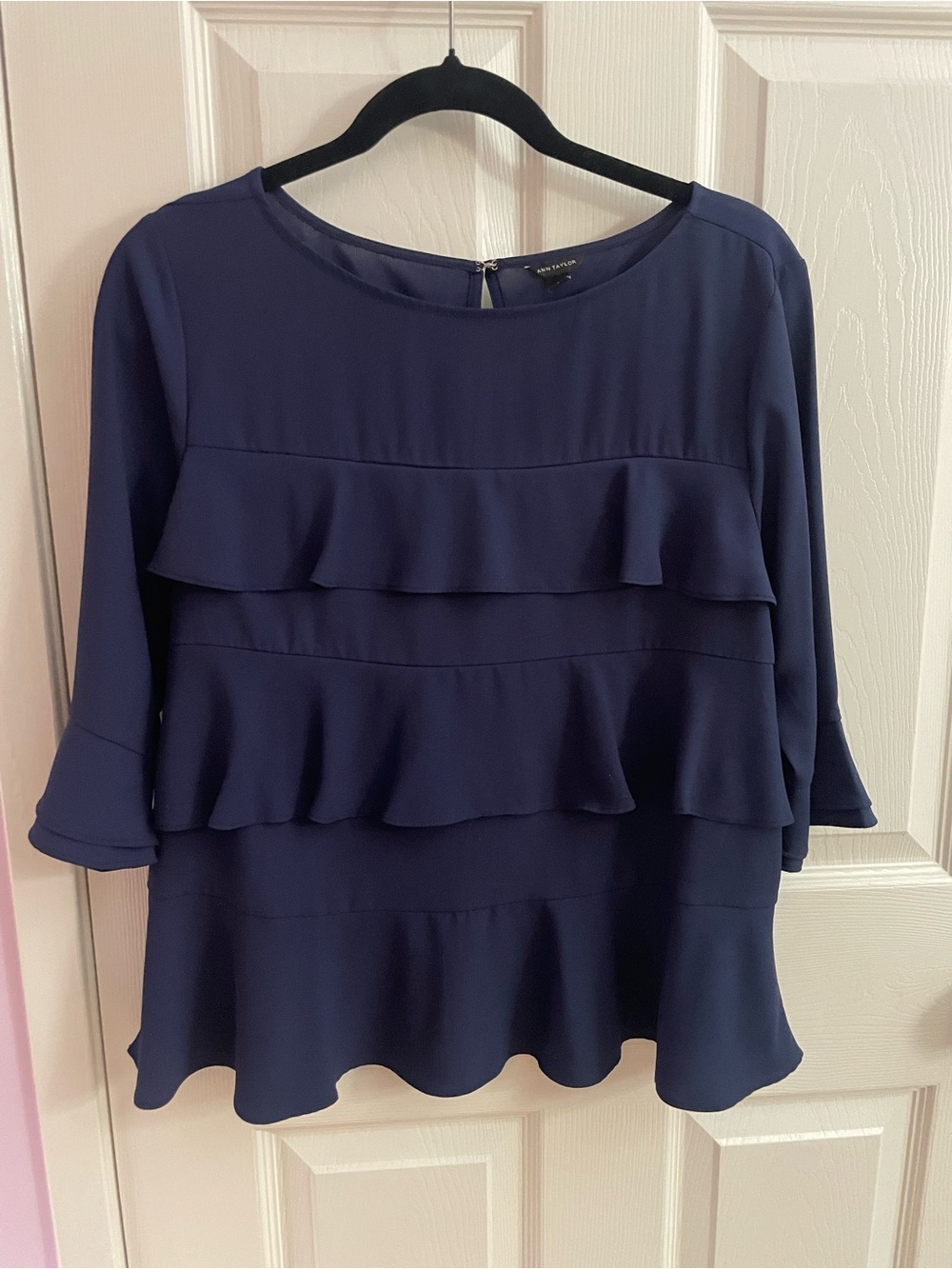 Ann Taylor Navy Tiered Ruffle Blouse